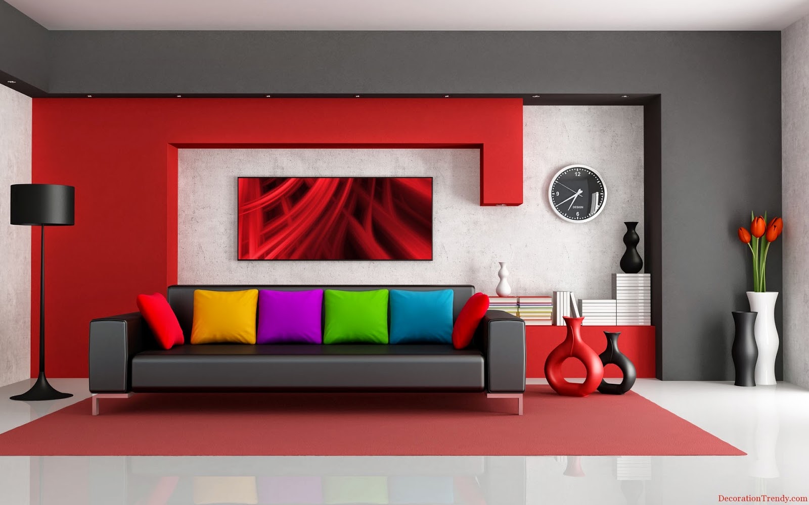 couleur opur salon moderne en gris perlé et rouge